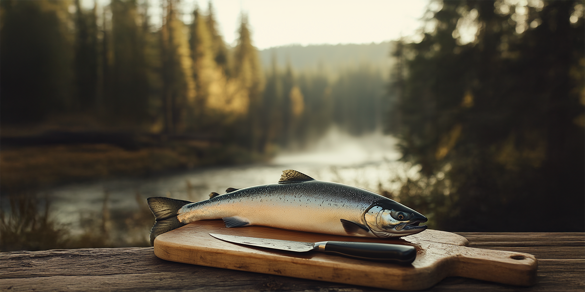 Fresh salmon on a wooden cutting board by a river